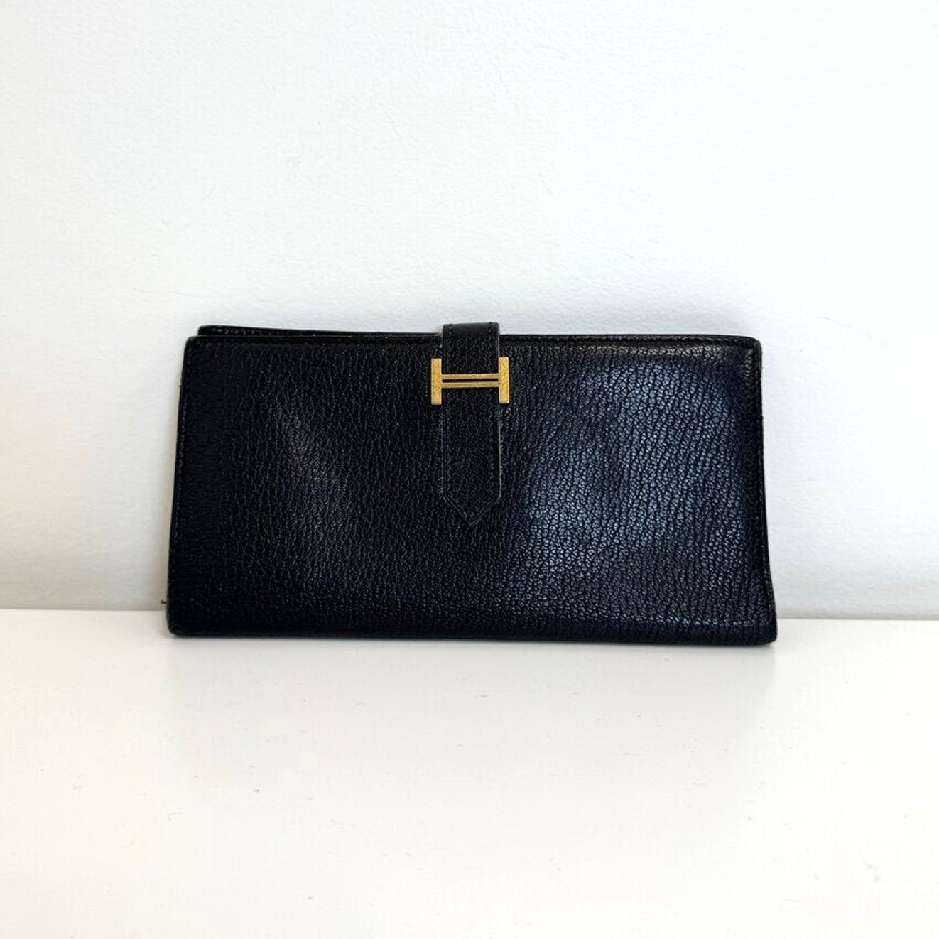 Hermes Black Leather Gold H Buckle Long Bearn Wallet Bifold Large Card Holder